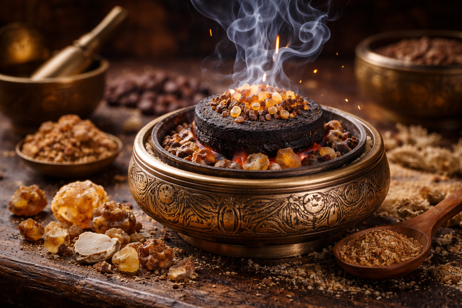 Encens br&ucirc;lant sur charbon